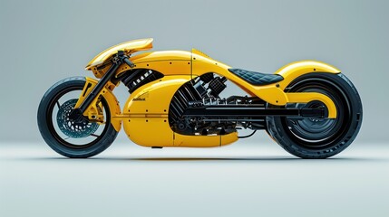 A side view of a retro futuristic 1980s style cyberpunk akira motor bike, coloured in yellow and black, plain background colour.
