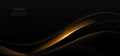 Gold wave lines on dark background with lighting effect and glitter with copy space for text. Luxury design style.