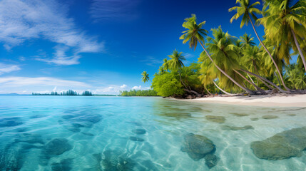 Fototapeta na wymiar Amazing beach nature. palm beach in tropical idyllic paradise island. exotic dream landscape,, Exotic Dreamscape Delight