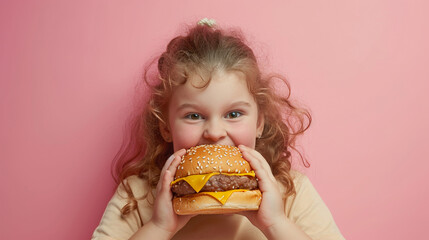 Overweight girl with yummy burger.	