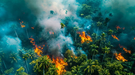 Wildfires disaster burns forests and causing ecology damage with smoke and fire