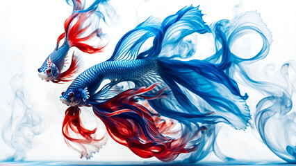Two, fighting fish swim around water surrounded light blue mist.
