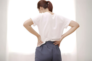 Asian young woman suffering from low back and loin pain. - obrazy, fototapety, plakaty