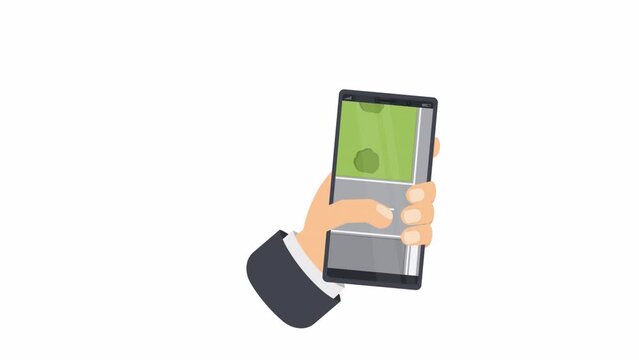 Using a mobile phone for navigation. Location detection, alpha channel. Cartoon