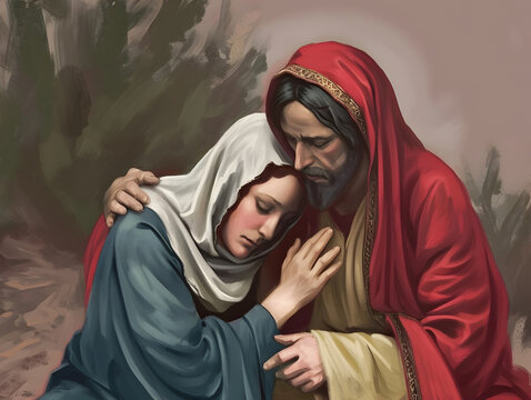 Jesus comforting a woman, oil painting