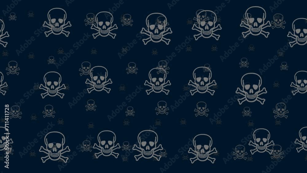Poster skulls float horizontally from left to right. parallax fly effect. floating symbols are located rand