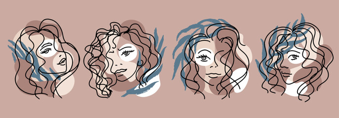 Obraz premium Trend set portrait of a woman with palm leaves and abstract spots of different skin tones. Hand drawn minimalistic lines. Isolated vector illustration ideal for social networks.