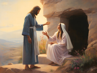Jesus Christ appearing to Mary Magdalene at empty tomb after resurrection © May Thawtar