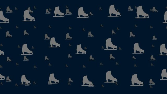 Womens ice skates float horizontally from left to right. Parallax fly effect. Floating symbols are located randomly. Seamless looped 4k animation on dark blue background