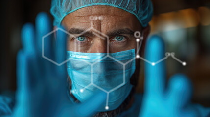 Médecin, chirurgien manipulant un schéma de molécules sur une interface virtuel, écran tactile. Doctor, surgeon manipulating a diagram of molecules on a virtual interface, touch screen.