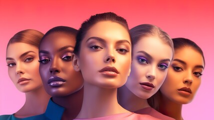 Obraz premium Three women with floral headpieces and elegant makeup posing against a brown background.