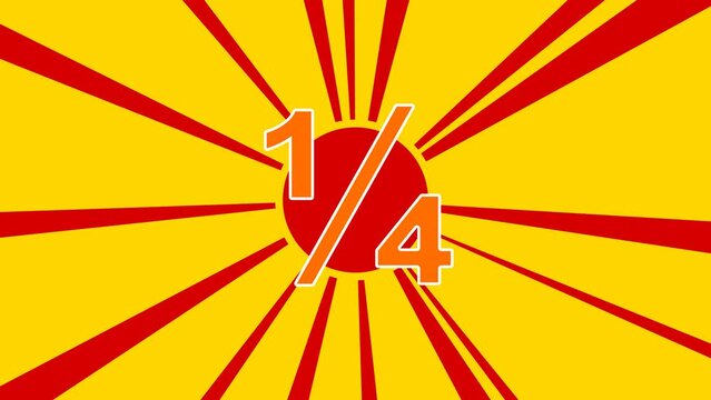 Quarter fraction symbol on the background of animation from moving rays of the sun. Large orange symbol increases slightly. Seamless looped 4k animation on yellow background