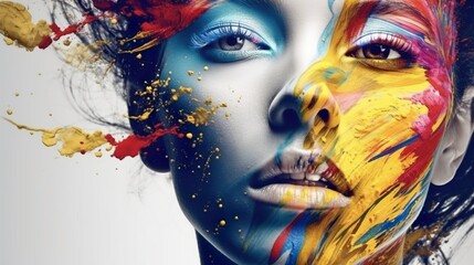 Artistic portrait of a woman with vibrant paint splashes on her face, symbolizing creativity and beauty in art.