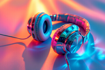 Close-up of metallic headphones with a glossy finish