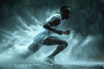 An African-American running athlete runs alone in the rain at night. An active lifestyle