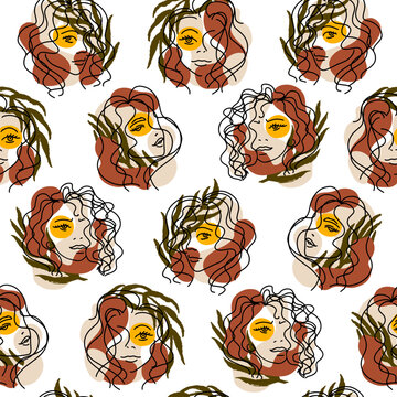 Trend seamless pattern with portraits of women with palm leaves and abstract terracotta, beige and yellow spots. Hand drawn minimalistic lines. Isolated vector illustration ideal for textile, fabric.