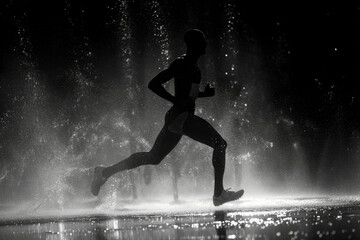 An athlete runs alone in the rain at night. An active lifestyle