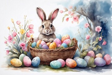 Fototapeta na wymiar easter bunny in basket, watercolor delights for perfect designs on easter invitations, cards, and congratulatory messages