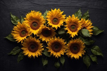 sunflowers set on dark wooden backdrop, copy space