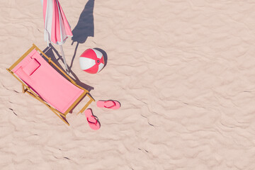 pink beach chair with a matching umbrella, beach ball, and flip-flops laid out on sandy beach, top view of a summer vacation setup.
