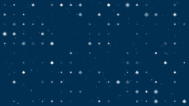 Template animation of evenly spaced spades of different sizes and opacity. Animation of transparency and size. Seamless looped 4k animation on dark blue background with stars