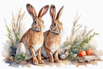 Fototapeta na wymiar watercolor Easter bunnies, ideal for designing invitations, cards, greetings, and warm congratulations