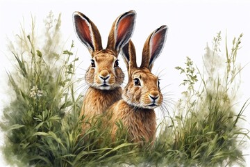 watercolor meadow with rabbits illustration, creating designs for invitations, cards, greetings, and warm congratulations