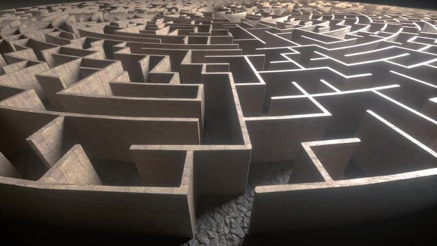 Maze Background. Huge Mysterious labyrinth. Circular maze. Labyrinth entrance. Challenge and problems concept. 3D Animation 4K