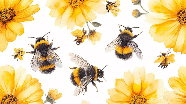 pattern di apine e margherite in stile acquerello su sfondo bianco scontornabile, ideale come carta da parati 