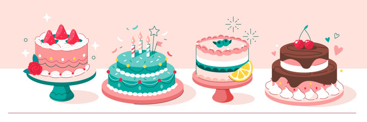 Birthday cakes set. Desserts variations with cream, chocolate, candles. Home made biscuit cake, bakery and pastry concept. Vector illustration. 