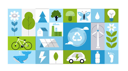 Sustainability and ecology care geometric mosaic template. Clean energy, green industry, renewable recourses concept. Vector illustration. - obrazy, fototapety, plakaty