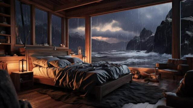 Warm Bedroom Refuge: Rain and Raging Sea Beyond the Window. 4K Seamless Looping Video Background.