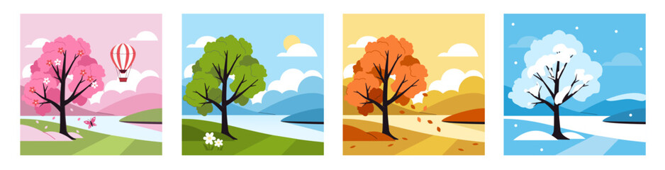 Four seasons set. Scene with tree in different times of year, spring, summer, autumn and winter. Vector illustration.
