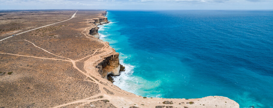 Aerial panorama of the Bunda Cliffs along the Great Australian Bight.