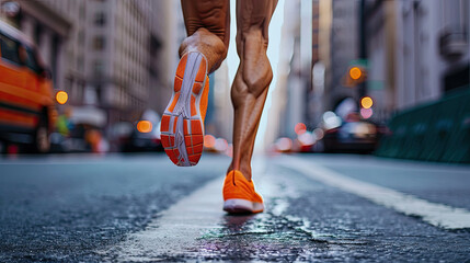 Close-up of the legs of an athlete running a marathon - obrazy, fototapety, plakaty