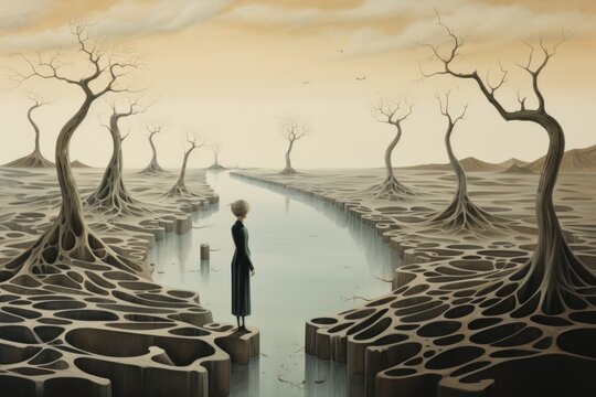 A gloomy landscape of desert, dry trees and a river. A woman stands on the edge of the shore