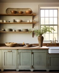 Kitchen dining room country style, rustic style in the interior, French classic, green kitchen,...