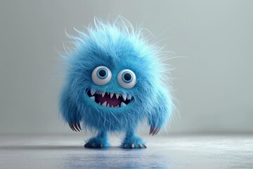 Cute blue furry monster 3D cartoon character - obrazy, fototapety, plakaty