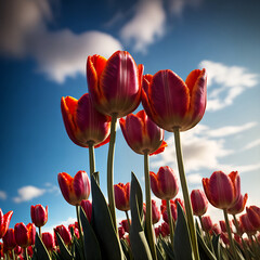Obraz premium Field with red tulips close-up, landscape, bottom view, blue sky