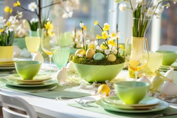 Easter eggs are beautifully decorated on the festive table