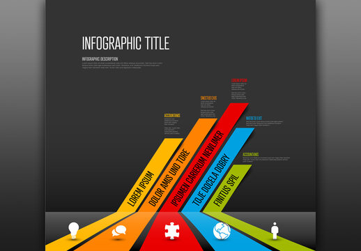 Dark Infographic graph schema with five column stripes icons and description