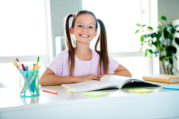 Photo of sweet positive smart girl beaming smile opened book homework materials desktop house inside
