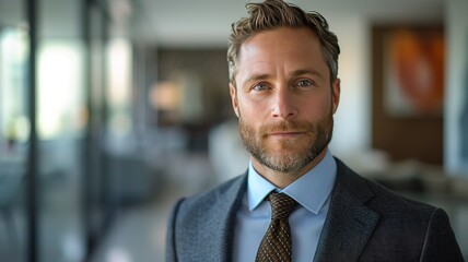 Fototapeta premium Happy proud mid aged mature professional business man ceo executive wearing suit standing in office arms crossed looking away thinking of success, leadership, corporate growth concept.