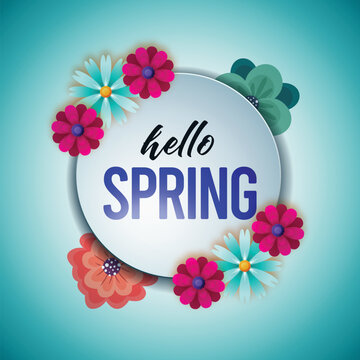 It's spring time banner with round frame and flowers on blue sky background