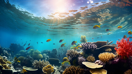 Fototapeta na wymiar beautiful underwater scenery with various types of fish and coral reefs,Underwater view ecosystem. Marine life in tropical waters