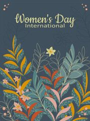 Postcard for Women's Day with a fantasy spring bouquet of branches with leaves and flowers. Vector.