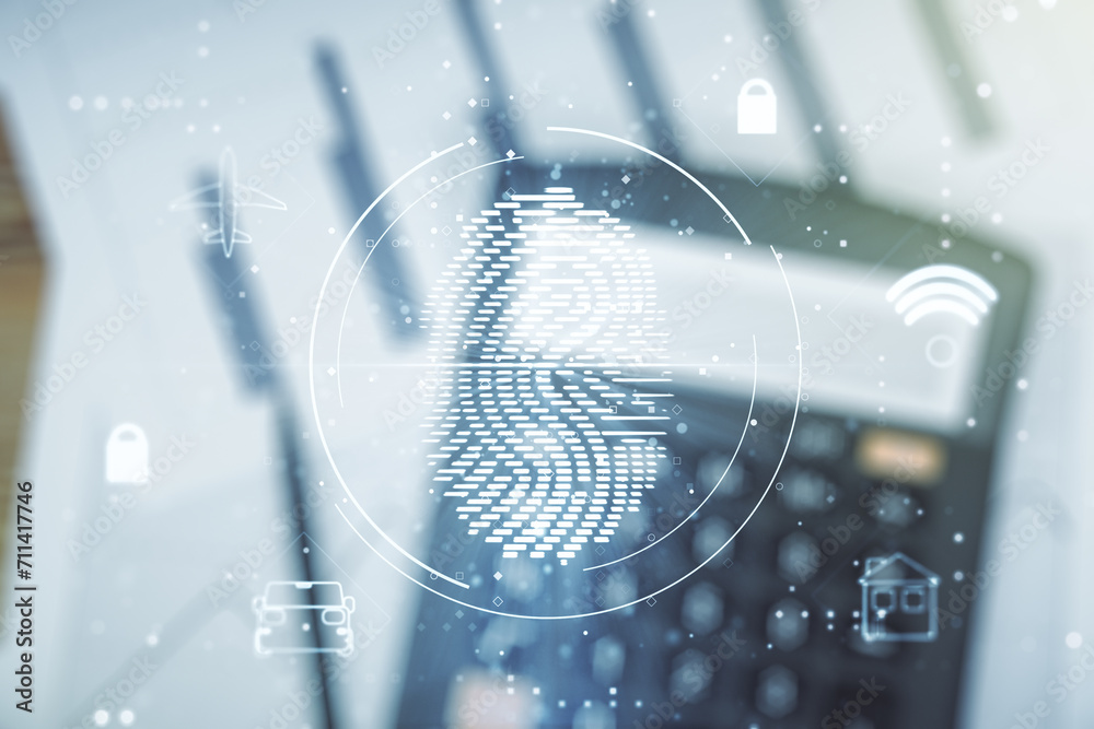 Poster multi exposure of virtual creative fingerprint hologram on blurry calculator background, personal bi