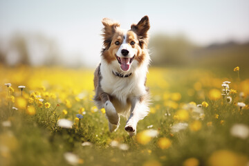 Happy cute dog running through a field of flowers in spring or summer day. Generative AI