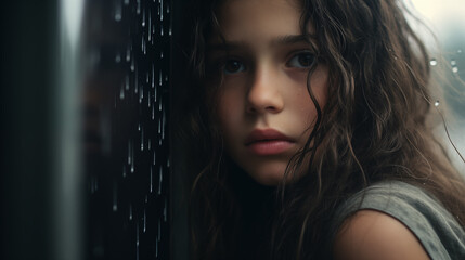 Menina triste olhando pela janela em um dia chuvoso. remete a tristeza e depressão. - Papel de parede - obrazy, fototapety, plakaty