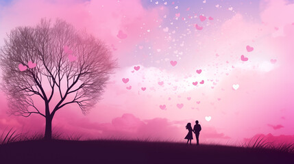Paisagem um casal apaixonado com árvores em formato de coração rosa e céu cor de rosa com corações 